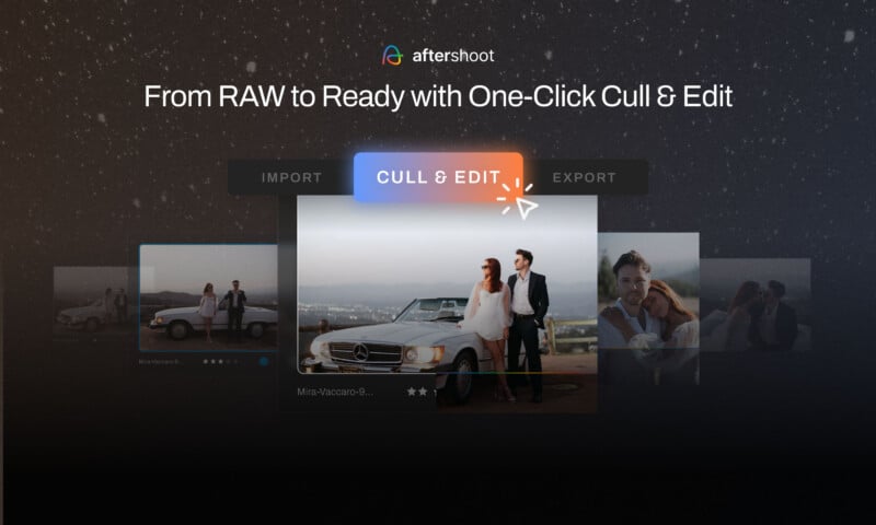 A promotional image for Aftershoot software, showing a couple standing near a vintage car with a scenic background. The interface highlights the "Cull & Edit" feature, with "From RAW to Ready with One-Click Cull & Edit" text above.