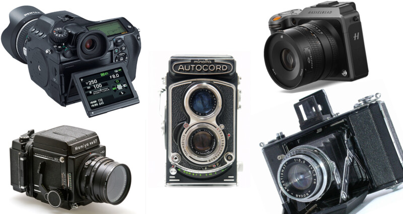 A collage of five cameras, including digital and vintage designs. The cameras vary in size and style, featuring displays, lenses, and intricate details, showcasing the evolution of photographic technology.