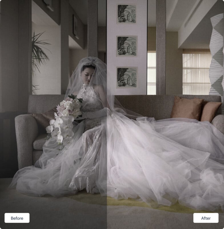 A bride in a flowing white gown sits on a sofa holding a bouquet of white flowers. The image is split into two halves, with the left side appearing in monochrome, and the right side in color, labeled "Before" and "After.