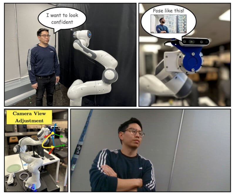 A comic strip of a man interacting with a robotic arm, which suggests a pose and adjusts the camera view for a photo. The man follows the instructions, wearing glasses and a navy sweater with white stripes.