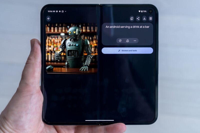 A person holds a foldable smartphone. The screen displays an image of an android serving a drink at a bar on one side, and text describing the image on the other.