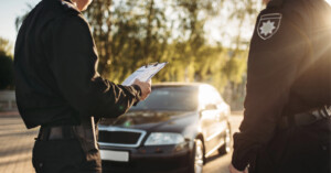 Two uniformed officers are standing near a dark car, one holding a clipboard, in an outdoor setting with trees in the background. Sunlight is creating a lens flare effect on the scene.