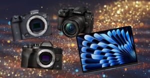 A Canon EOS camera, a Lumix G camera, and an Olympus OM-D camera are displayed above a laptop with a dynamic blue abstract screen. The background features a glittery, out-of-focus light effect.