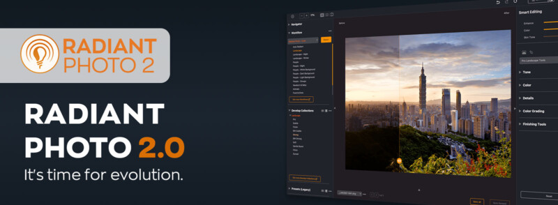 An advertisement for Radiant Photo 2.0 features a photo editing software interface with a split-screen view showing before-and-after effects on a cityscape image. The text reads, "Radiant Photo 2.0 - It's time for evolution.