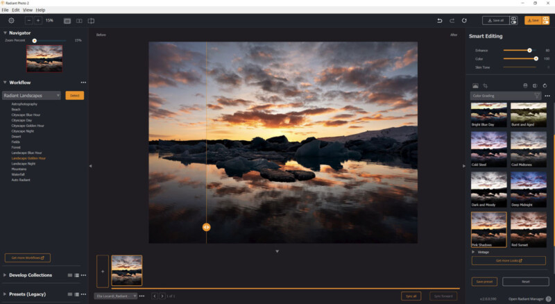 A photo editing software interface showing a landscape image of a lake with floating ice. The sky is vibrant with orange and pink hues from the sunset, reflected in the water. Editing tools and presets are visible on the right panel.