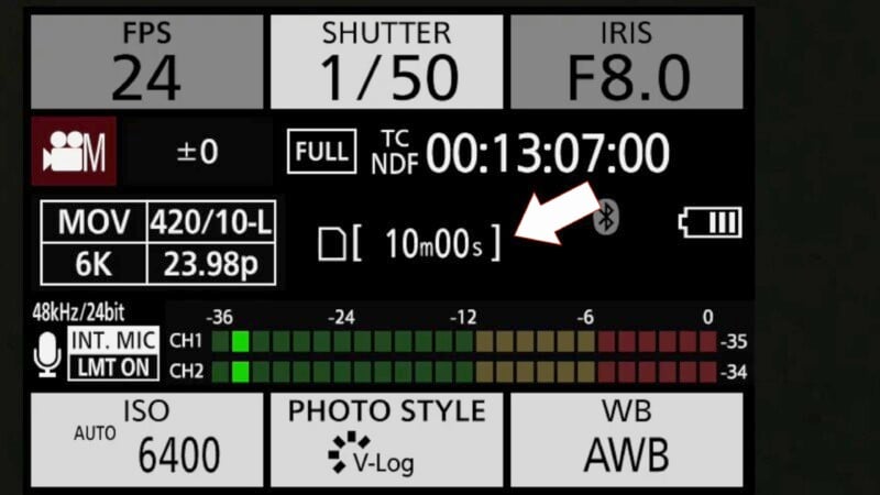 Camera settings display showing FPS 24, shutter speed 1/50, aperture F8.0, resolution 6K at 23.98p, ISO 6400. Features include full mode, timecode 00:13:07:00, and audio level meter. White balance set to AWB, photo style is V-Log.