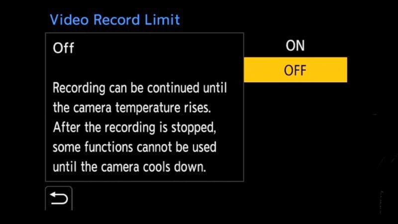 Camera screen showing video record limit settings. Highlighted option is "OFF," allowing recording until the camera overheats. A note explains that some functions are disabled if the recording stops due to heat until the camera cools.