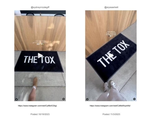 Two images side by side, each showing a black mat with "THE TOX" written in white. The upper part of the images contains text with usernames: @sydneynicoleglff and @alyssahelii. Feet are visible at the bottom, standing on a light wooden floor.