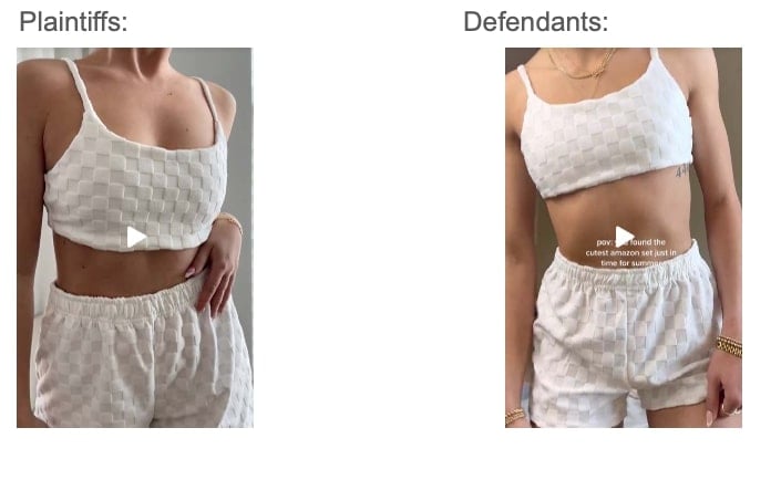 Side-by-side comparison of two women wearing similar white, textured sleeveless tops and shorts. The text "Plaintiffs:" is above the left image and "Defendants:" is above the right image. Both outfits have a checkered pattern.