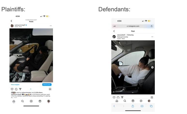 A split image showing two sections labeled "Plaintiffs" and "Defendants." Both sections display a person sitting in a car seat, with similar postures. The phone interface and social media app are visible in each image.