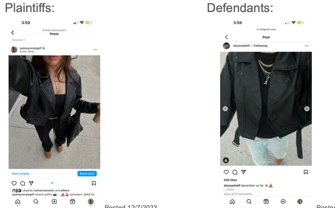 Split-screen image showing two Instagram posts. Left: A person in a black leather jacket and sunglasses, captioned "Plaintiffs." Right: A person in a black leather jacket and gold necklaces, captioned "Defendants." Both pictures focus on upper body outfits.