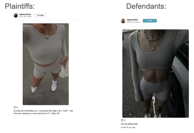 Side-by-side images of two women taking selfies in gray athleisure outfits. The left image has the label "Plaintiffs" and the right image has the label "Defendants." Both women are wearing long-sleeve tops and shorts with sneakers.