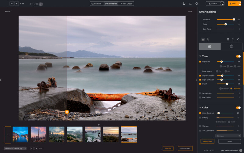 A photo editing software interface displaying an ocean scene with rocky shorelines. The editing tools on the right adjust tone and color, alongside a comparison slider showing before and after effects. Several smaller image previews are below.