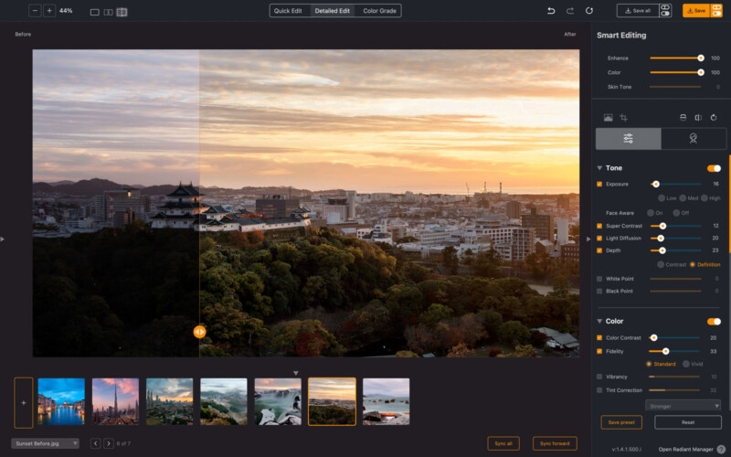 A photo editing software interface showing a cityscape at sunset. The image is split, with the left half before editing and the right half after. Editing tools and adjustments are visible on the right side of the screen.