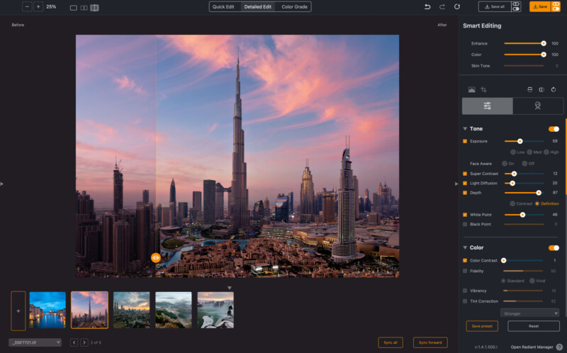 A digital image editing interface displaying a dramatic sunset over a city skyline, featuring a tall central skyscraper. Various editing tools and adjustment sliders are visible on the right side of the screen.