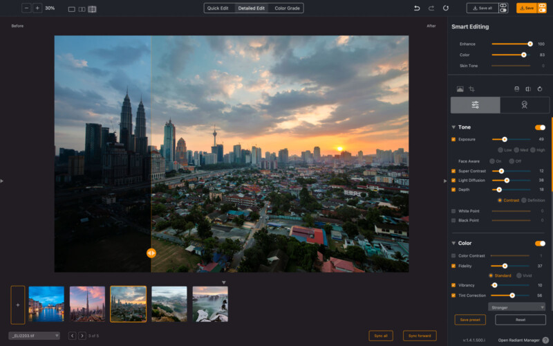 A photo editing software interface showing a city skyline at sunset. The image is split into two sections, demonstrating editing effects. The right sidebar displays various editing tools like tone, color, and smart editing options.