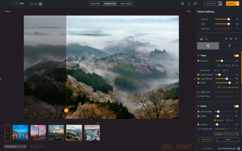 Image editing software interface displaying a landscape photo of a foggy, mountainous area with dense trees and scattered houses. The screen shows before and after effects, with editing tools visible on the right side.