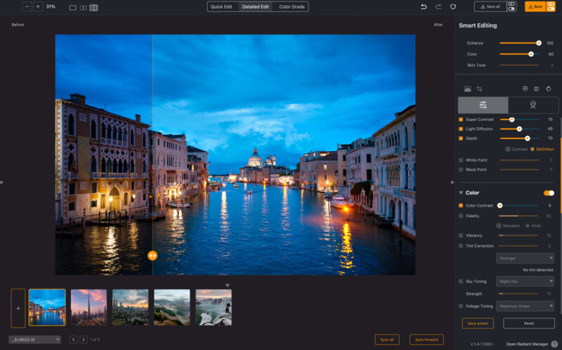 A digital image editing interface displaying a photo of a brightly lit canal at dusk with buildings on both sides. Editing tools and sliders are visible on the right, showcasing options for smart editing and color adjustments.