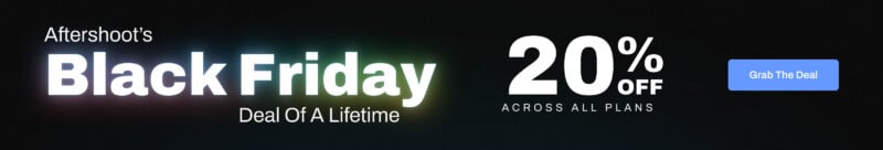 Promotional banner for Aftershoot's Black Friday sale offering 20% off across all plans. A blue button on the right reads "Grab The Deal." Text appears against a dark background.