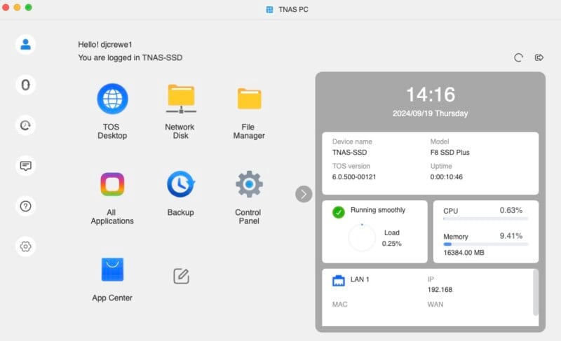 A computer screen displays a TNAS PC interface with various icons on the left, including TOS Desktop, Network Disk, File Manager, All Applications, Backup, Control Panel, and App Center. The right side shows system information, status, time, and date.