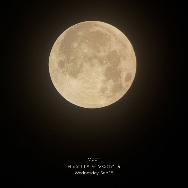 A full moon is prominently featured in the center of the image against a dark night sky. The text at the bottom reads: "Moon HESTIA by VAONIS Wednesday, Sep 18.