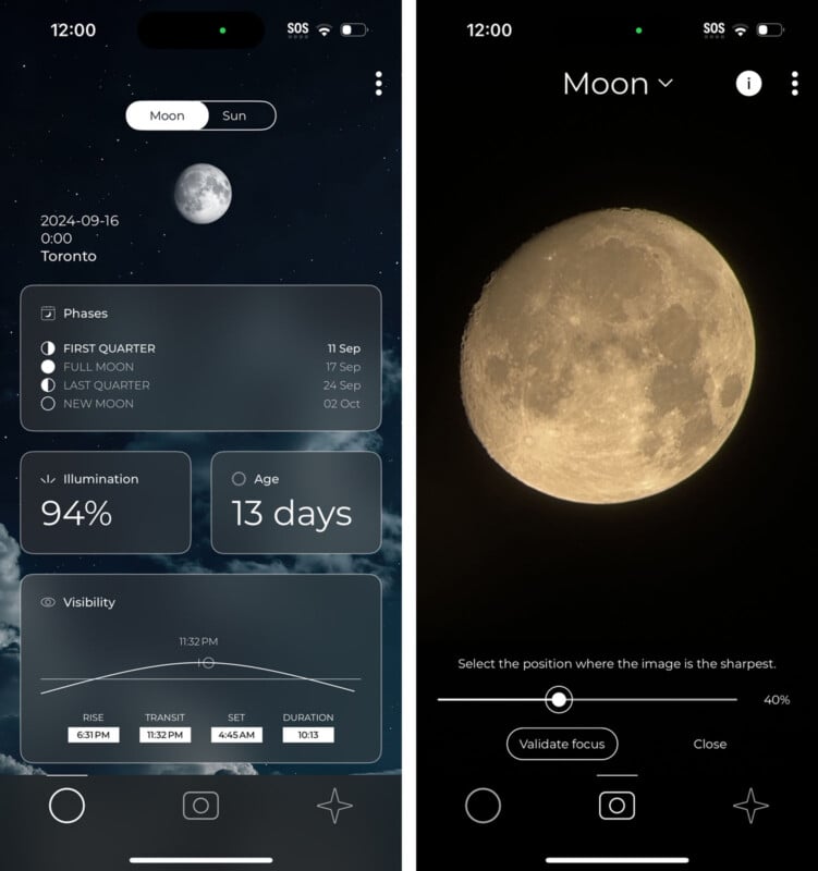 Two screenshots of a moon observation app. The left screenshot displays moon phases, illumination (94%), age (13 days), and visibility times for rise, transit, set, and duration in Toronto. The right screenshot shows a full moon image with options to adjust and validate focus.