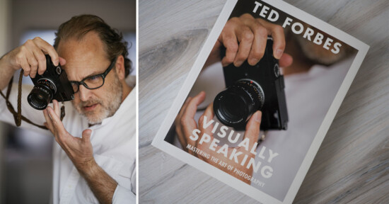 A person with glasses holds a camera to their eye, appearing focused. Next to this is the cover of a book titled "Visually Speaking" by Ted Forbes, featuring an image of a person holding a camera.