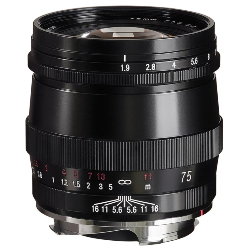 A black camera lens with focus and aperture rings, featuring white and red markings. The lens displays various aperture values ranging from f/1.9 to f/16 and a focal length of 75mm. The lens is set against a white background.