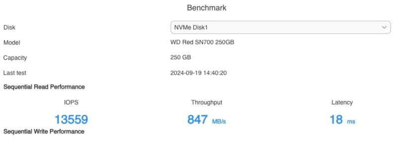 A benchmark result screen showing details for NVMe Disk1, a WD Red SN700 250GB disk. The sequential read performance is 13559 IOPS, with throughput at 847 MB/s, and latency at 18 ms. The test was last conducted on 2024-09-19 at 14:40:20.