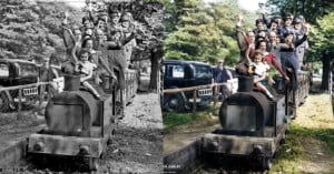 Black-and-white and colorized versions of a historical photo showing a group of people, including children, excitedly riding a small steam train outdoors. Trees and classic cars are visible in the background.